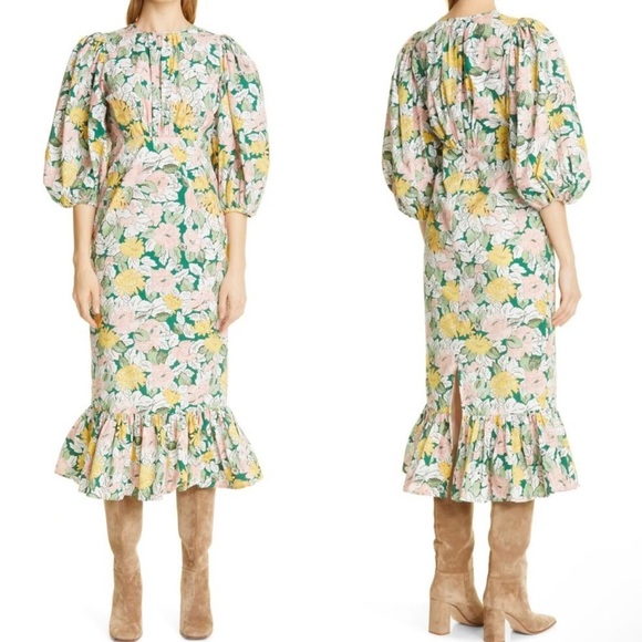 byTiMo Dandelion Floral Print Ruffle Cotton Puff Sleeve Midi Dress. - Picture 1 of 11